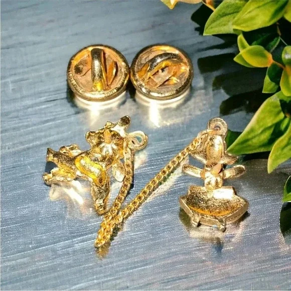 Mary Had A Little Lamb Sheep Brooch Pin Gold Tone Chain Chatelaine Enamel - Picture 2 of 2